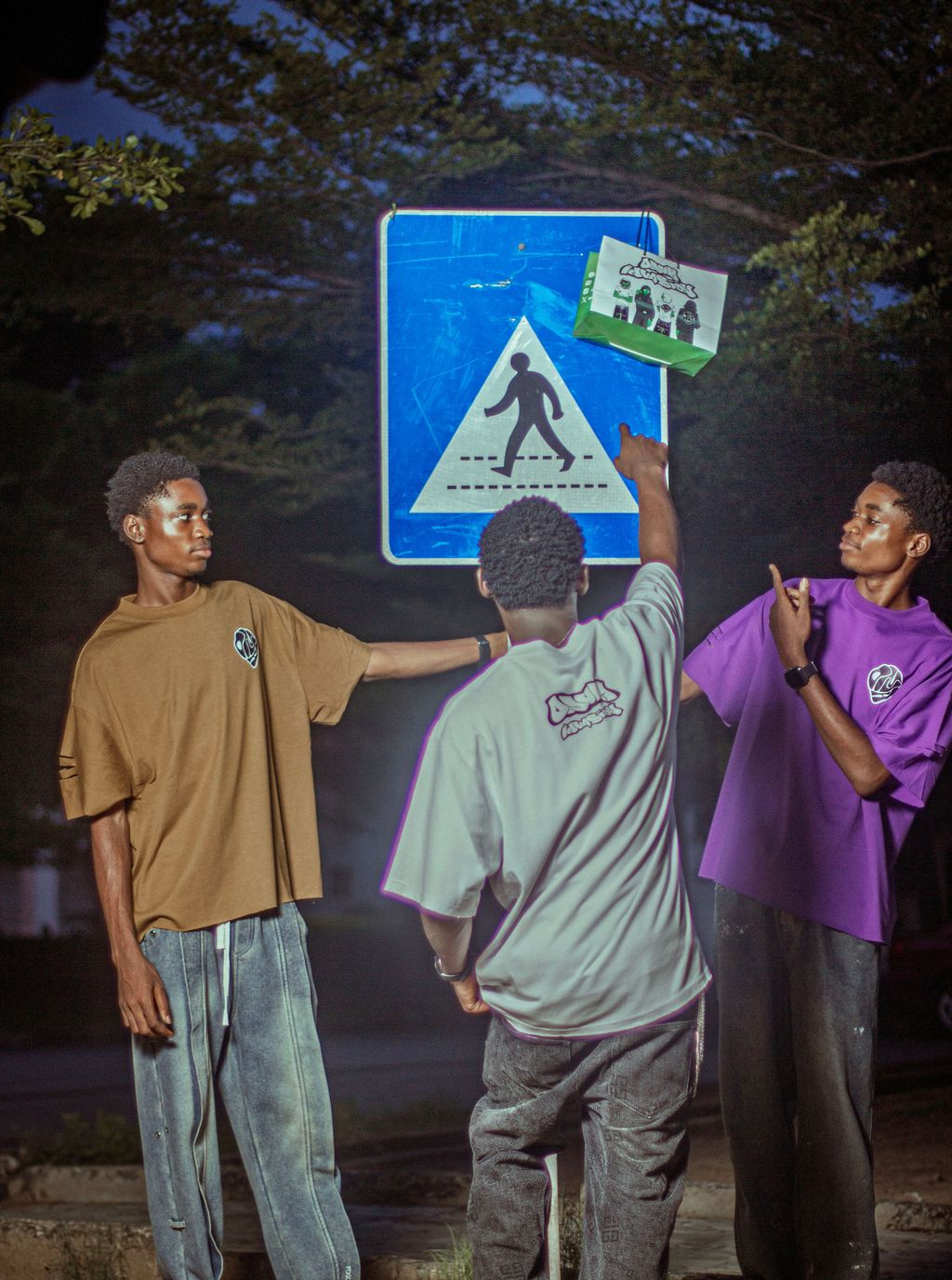 Creatives documented at night on the street beneath a pedestrian crossing sign